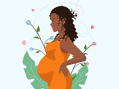 Pregnant woman with leaves and flowers afroamerican baby babyborn banner birth black body fertility girl greeting card illustration maternity mother motherhood newborn poster pregnancy pregnant vector woman