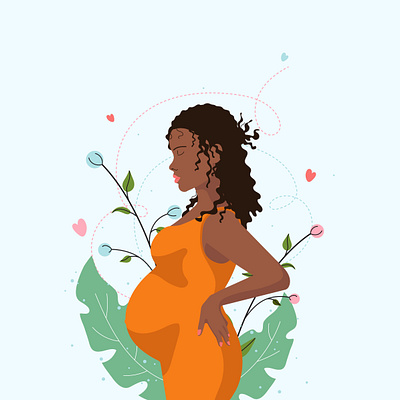 Pregnant woman with leaves and flowers afroamerican baby babyborn banner birth black body fertility girl greeting card illustration maternity mother motherhood newborn poster pregnancy pregnant vector woman