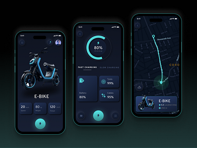 Electric Bike - Mobile App animation app bike branding charging concept dark mode design e bike app e bike mobile app ecommerce electric bike figma furniture graphic design header illustration mobile app motion graphics vector