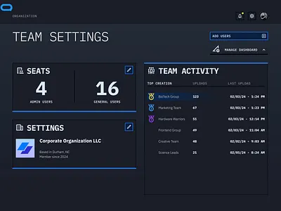 Team seat management dashboard activity app blue dashboard design desktop gamification leaderboard manage management minimal organization portal product design seats settings teams ui uiux ux