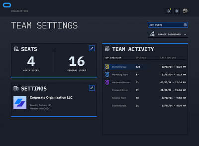 Team seat management dashboard activity app blue dashboard design desktop gamification leaderboard manage management minimal organization portal product design seats settings teams ui uiux ux