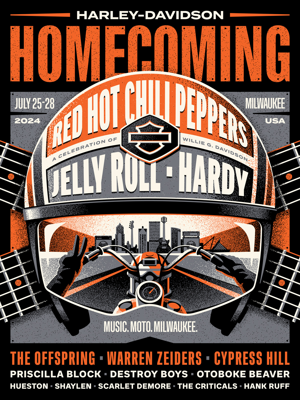Harley-Davidson Homecoming 2024 Posters dan kuhlken design dkng dkng studios guitar harley davidson helmet illustration motorcycle nathan goldman poster vector