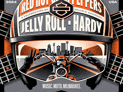 Harley-Davidson Homecoming 2024 Posters dan kuhlken design dkng dkng studios guitar harley davidson helmet illustration motorcycle nathan goldman poster vector