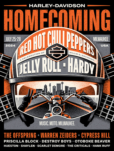 Harley-Davidson Homecoming 2024 Posters dan kuhlken design dkng dkng studios guitar harley davidson helmet illustration motorcycle nathan goldman poster vector