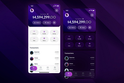 Banking app app bank banking app beneficiary page choose accounr darkmode design fintech gradient homepage mobile money purple success page ui