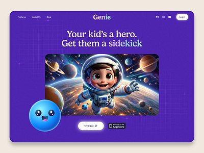 Genie Web Concept ai avatar character glow gradient hero landing page purple technology typography ui web design website