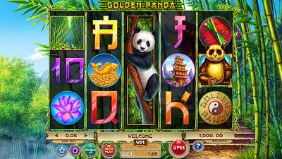 The Main UI design for the slot machine "Golden Panda" chinese slot chinese symbols digital art digital design gambling game art game design game ui graphic design panda slot panda themed reels design reels ui slot art slot design slot reels slot ui ui ui design