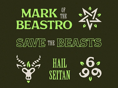 SAVE THE BEASTS 666 baphomet branding goat green illustration layout pentagram type typography vegan restaurant visual identity