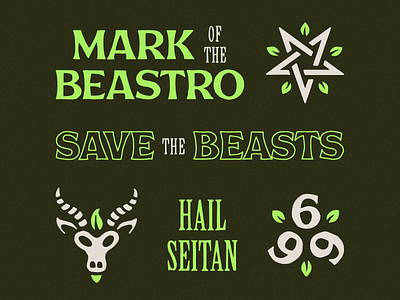 SAVE THE BEASTS 666 baphomet branding goat green illustration layout pentagram type typography vegan restaurant visual identity