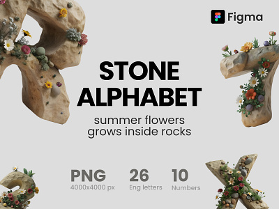 Alphabet flowers grows inside rocks 3d font alphabet figma font free freebies typography