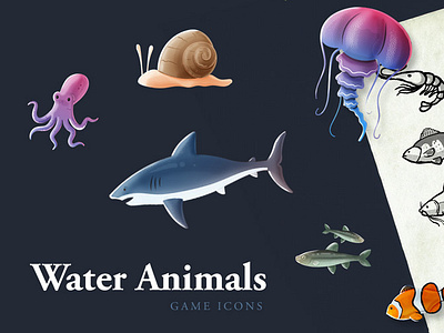 Water Animals Game Assets animals clownfish crab drawing fishes game game design icons illustration jellyfish rpg shark sharks