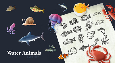 Water Animals Game Assets animals clownfish crab drawing fishes game game design icons illustration jellyfish rpg shark sharks