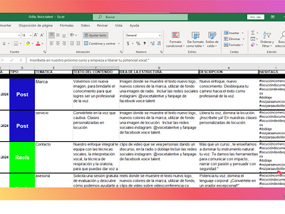 Creación de Grillas de contenido copywrite descripción gestión de redes sociales planificación de contenido