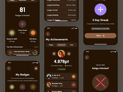 freud: AI Mental Health App | Achievements & Leaderboard UIUX achievements achievements ui ai mental health app ai mental health companion award ui badge ui brown clean green leaderboard leaderboard ui leaderboards ui meditation app mental health app mental health ui kit mindfulness app minimal modern soft therapy app