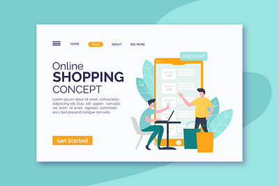 Online shopping landing page with flat style 2d design graphic design illustration landing page modern design template vector