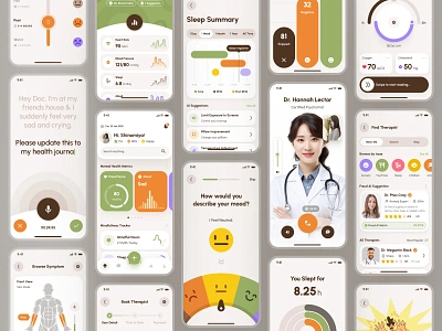 freud: AI Mental Health App | Smart Mindfulness Overview UIUX brown chart ui clean doctor appointment app flat green journal app mental health mental health app mental health ui mental health ui kit minimal mood app mood tracker app mood ui orange soft therapy app video call ui voice ui