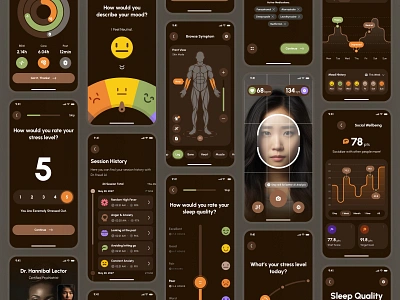 freud: AI Mental Health App | Mindfulness Metrics Overview UIUX ai mental health app ai mental health companion brown chart ui clean dark mode face scan ui flat green journal app meditation app mental health app mental health companion mental health ui mental health ui kit mindfulness app minimal mod app soft therapy app