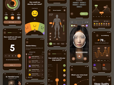 freud: AI Mental Health App | Mindfulness Metrics Overview UIUX ai mental health app ai mental health companion brown chart ui clean dark mode face scan ui flat green journal app meditation app mental health app mental health companion mental health ui mental health ui kit mindfulness app minimal mod app soft therapy app