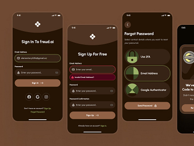 freud: AI Mental Health App | Sign In/Sign Up Authentication UI ai mental health app brown clean dark mode flat green log in log in ui mental health app mental health ui mental health ui kit mindfulness app minimal register register ui sign in sign in ui sign up sign up ui soft