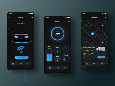 ⚡ dezzX: E-Car Charging System Mobile App UI ⚡ car car charging car details clean dark dark theme dark theme ui design e car charging electric car ios map minimal mobile mobile app mobile app design product design tesla ui ui design