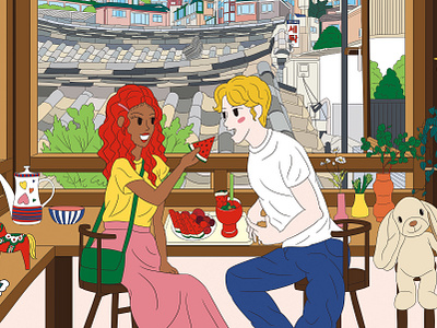 A cafe with a roof Illustration for postcard artwork cafe character couple date drawing graphic design illustration korea korean seoul summer