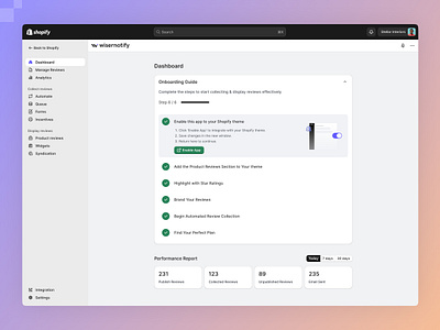 Wiserreviews - Onboarding Guide clean dashboard design figma minimal onboarding guide onboarding steps ui review app reviews product saas shopify shopify app steps ui webapp