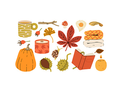 Cozy autumn set 6 autumn cartoon collection concept cozy design fall flat illustration set sticker vector