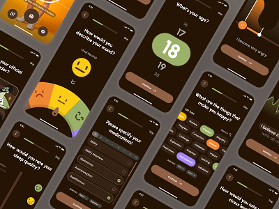 freud v2: AI Mental Health App - Emotional Assessment UI ai mental health app ai mental health companion assessment brown clean dark mode dark ui figma ui kit health assessment mental health app mental health companion mental health ui mental health ui kit mindfulness app minimal mood app onboarding ui soft stress app therapy app