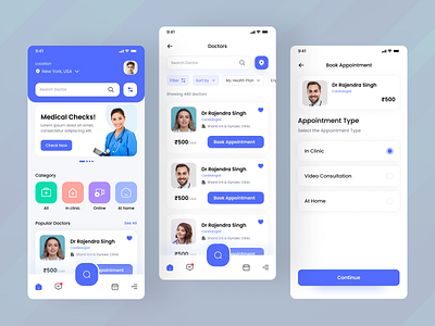 Doctor app home page search, and appointment-type page design app app desing appointment type page branding dailyui design doctor home page search page ui ux