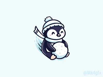 Sliding Penguin Logo (available for sale) animal ball beanie bird branding cartoon cute happy ice illustration logo logos mascot modern penguin scarf sliding snow snowball winter