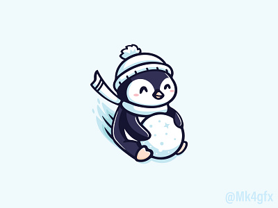 Sliding Penguin Logo (available for sale) animal ball beanie bird branding cartoon cute happy ice illustration logo logos mascot modern penguin scarf sliding snow snowball winter