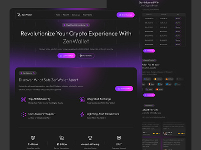 ZenWallet - Crypto Wallet Landing Page bitcoin blockchain cryptocurrency currency dark dark app dark mode dark theme dark ui darkmode ethereum landing landingpage transaction wallet webdesign