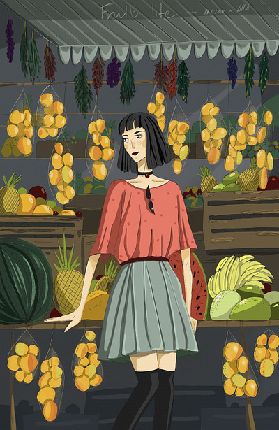 Girl and fruits 2d art design digital 2d art drawing illustration