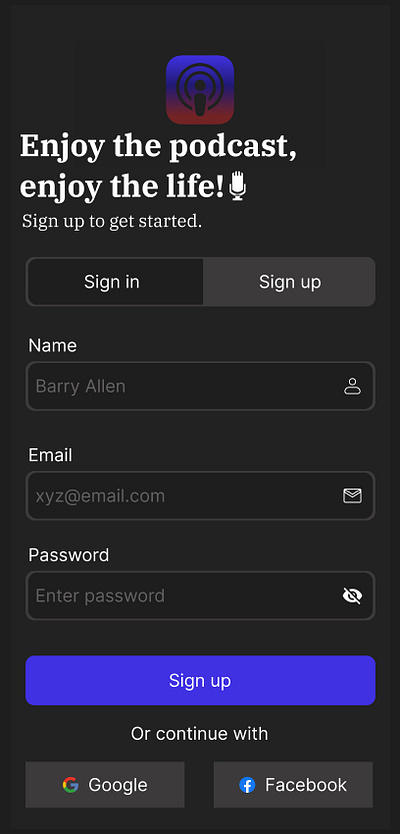 Login page for a podcast app. graphic design ui