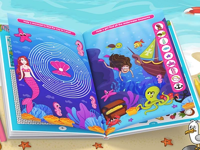 Summer Activity Book 2d book book design cartoon character children creative game illustration kid mermaid sea summer underwater vector worksheet