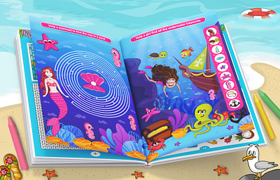 Summer Activity Book 2d book book design cartoon character children creative game illustration kid mermaid sea summer underwater vector worksheet