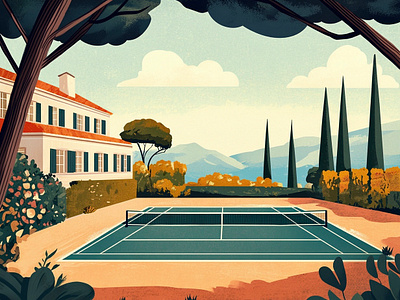 Tennis court at the villa art clouds court estate healthy house illustration illustrator luxury mountains old money procreate rich sport summer tennis toscana view villa village