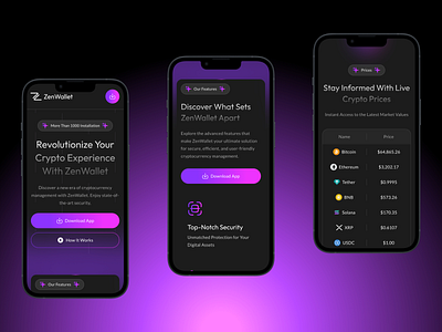 ZenWallet - Crypto Wallet Landing Page - Mobile Version app design bitcoin blockchain cryptocurrency currency dark dark mode dark ui design mobile mobile design transaction ui wallet