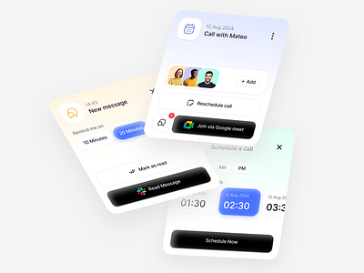 Cards components design call card design card ui clean clean design clean ui components design design interface ui meeting meeting ui modern modern design modern ui product designer scheduling ui team management ui ui ux uiux