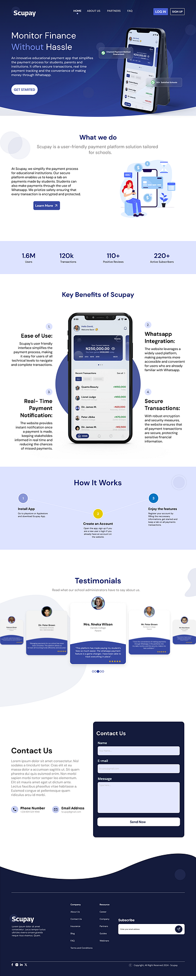 Scupay Landing Page (Payment Solution for Educational Use). branding designers figma fintech landing page product design school typography ui ui designers uiux design ux