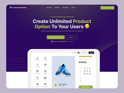 Product Personalizer UI Landing Page. appdesign automation customization designinspiration digitalproduct ecommerce landingpage livepreview minimaldesign productdesign productpersonalizer saas shopify shopifyapp ui uiinspiration ux design uxdesign webapp webdesign