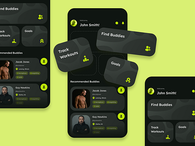 FitBuddy Mobile App Design - Gym Buddy Finder app design gym app gym buddy finder illustration main screen mobile app design product design prototype reearch ui ui design user experience user interface ux design wireframe