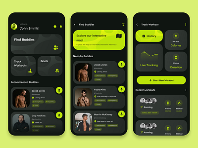 FitBuddy Mobile App Design - Gym Buddy Finder app design dark theme design fitness app gym buddy finder mobile app design product design prototype saas ui ui design user experience user interface ux design wireframe