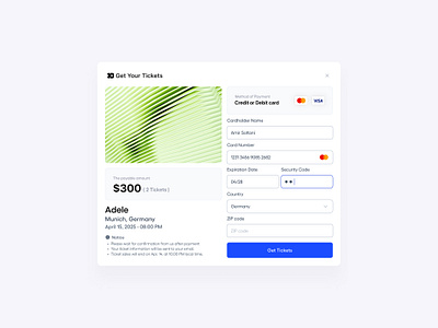 Get Ticket Modal 🎫 adele concert designsystem flat info mastercard minimal payment singer ticket ui ux visa website