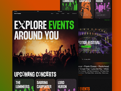 Rhythmix Events Web Design app black branding concert dark design events festival fun graphic green mobile music orange ui ui design ui ux ux web website