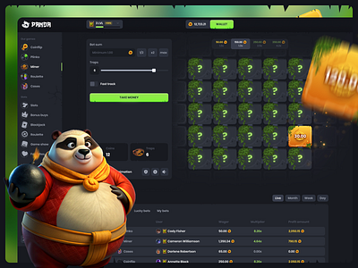 Casino Panda — Miner game blockchain bonus casino casino app casual game crypto crypto casino dark ui dashboard gambling game game design game ui live casino lottery miner game product design slots user interface web design