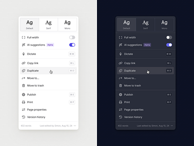 Dropdown menu for note-taking editor 🗒️ advanced ai app builder component creator dashboard design system diagram dropdown editor menu navigation saas select startup web app