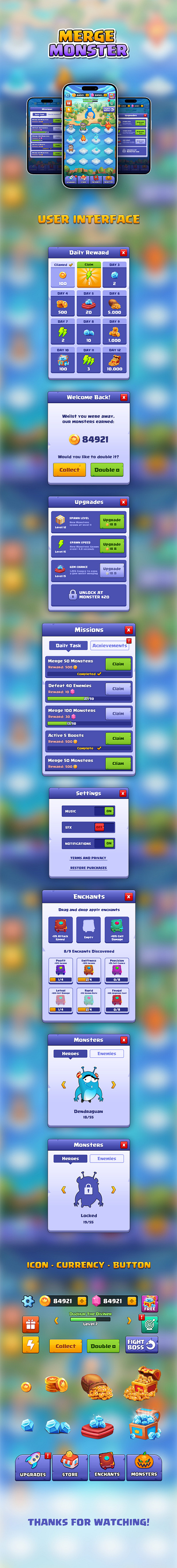 Merge Monsters Game Ui Design android design flat game gameui gui icon illustration ios logo mobilegame typography ui ux