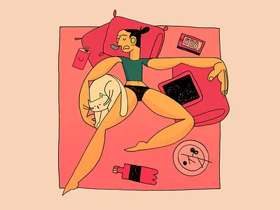 daytime bed cat character character design girl illustration sleep woman