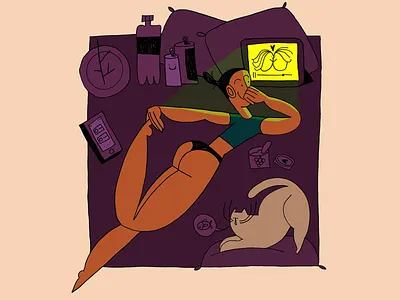 night bed cat character character design girl illustration woman